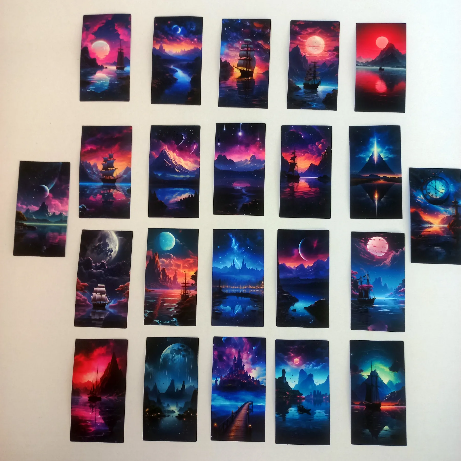 Pachet cu stickere peisaje fantasy cu munți, lacuri, corăbii, planete și ceruri cosmice colorate